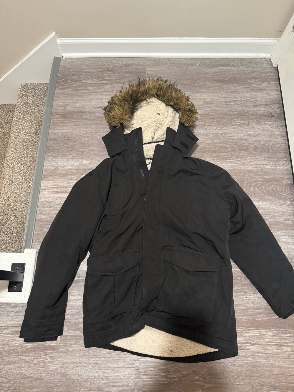 Hollister Black Hooded Parka with Faux Fur Trim